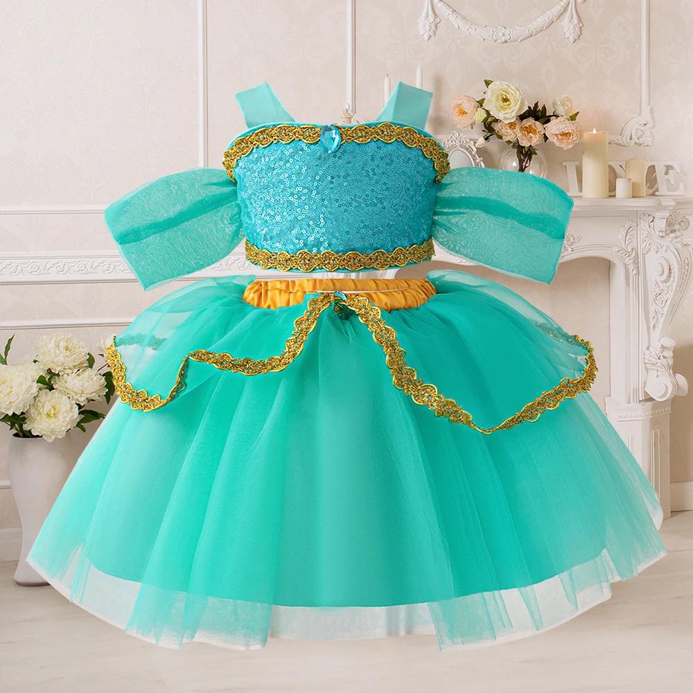 Robes de princesse Jasmine pour petites filles, robe de soirée Cosplay, en Tulle, pour anniversaire,