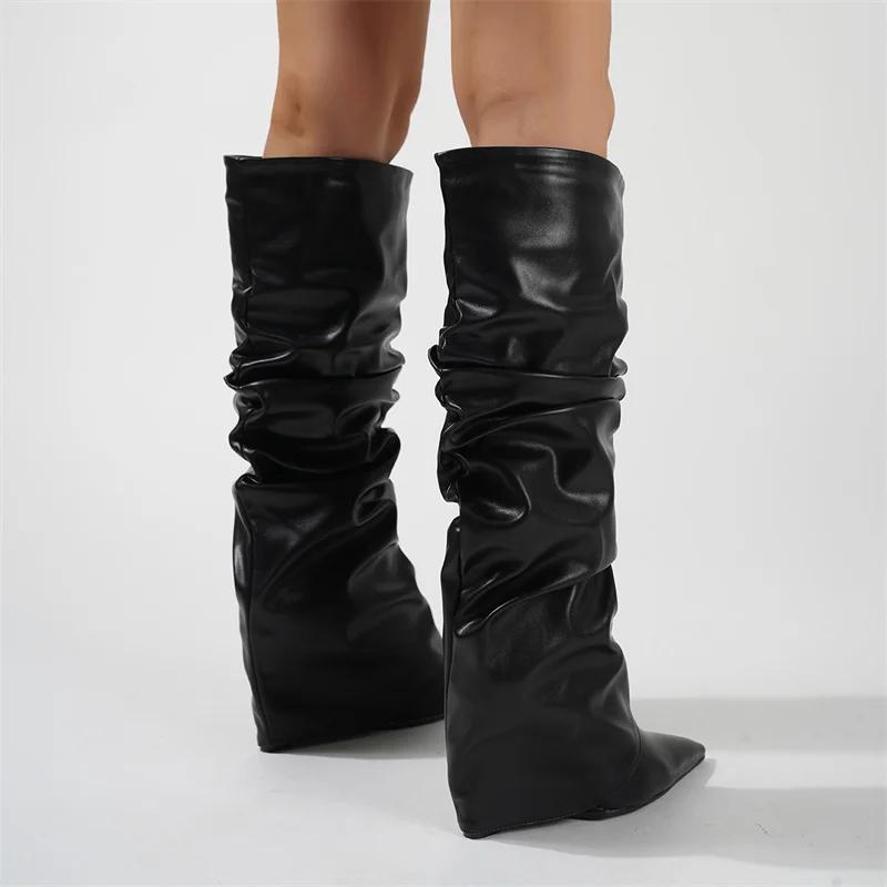 Bottes hautes plissées en cuir noir pour femmes, chaussures à semelles compensées, Sexy, à bout poin
