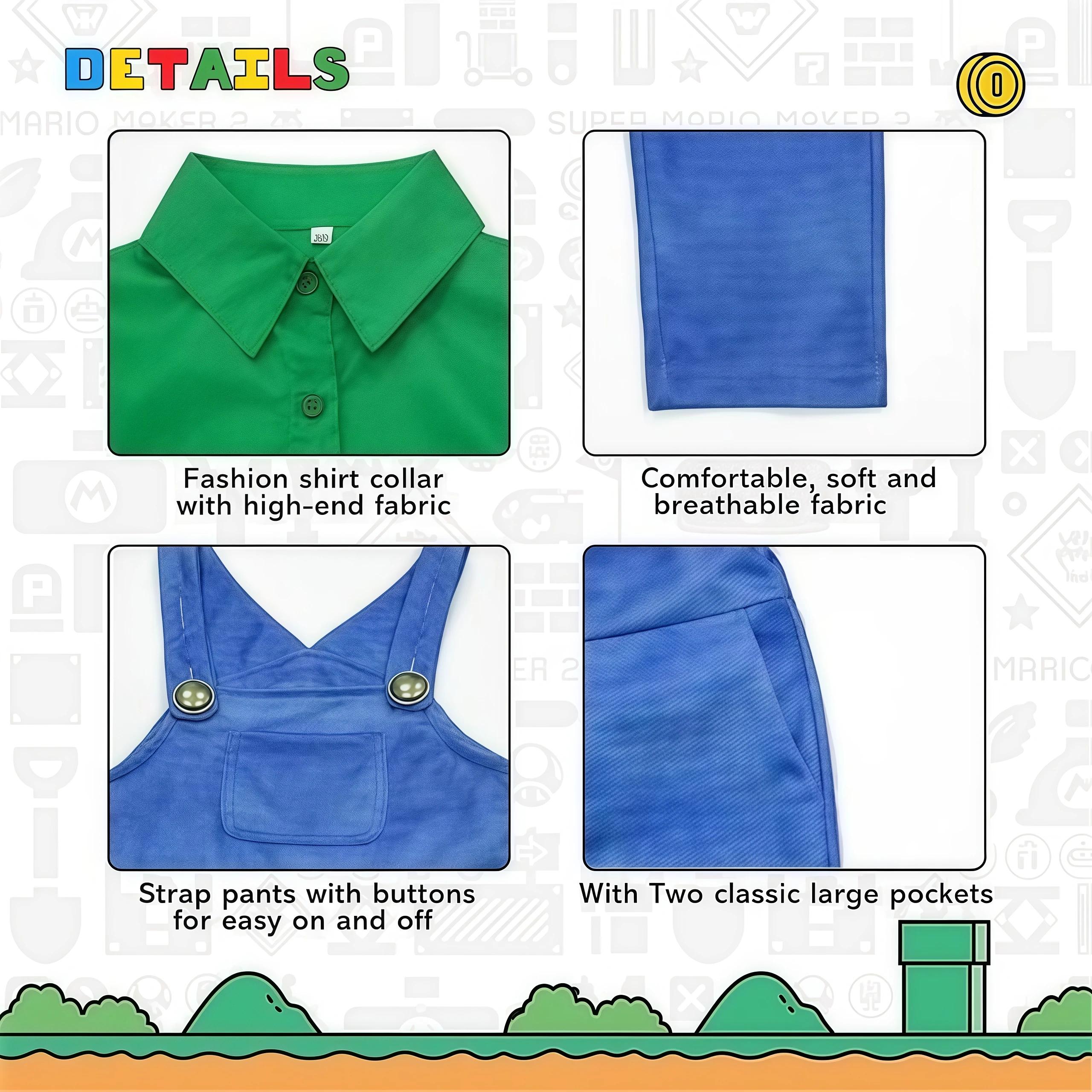 Chemise de jeu Anime Bros Boys rouge et verte avec salopette pour enfants, costume de fête d'Hallowe