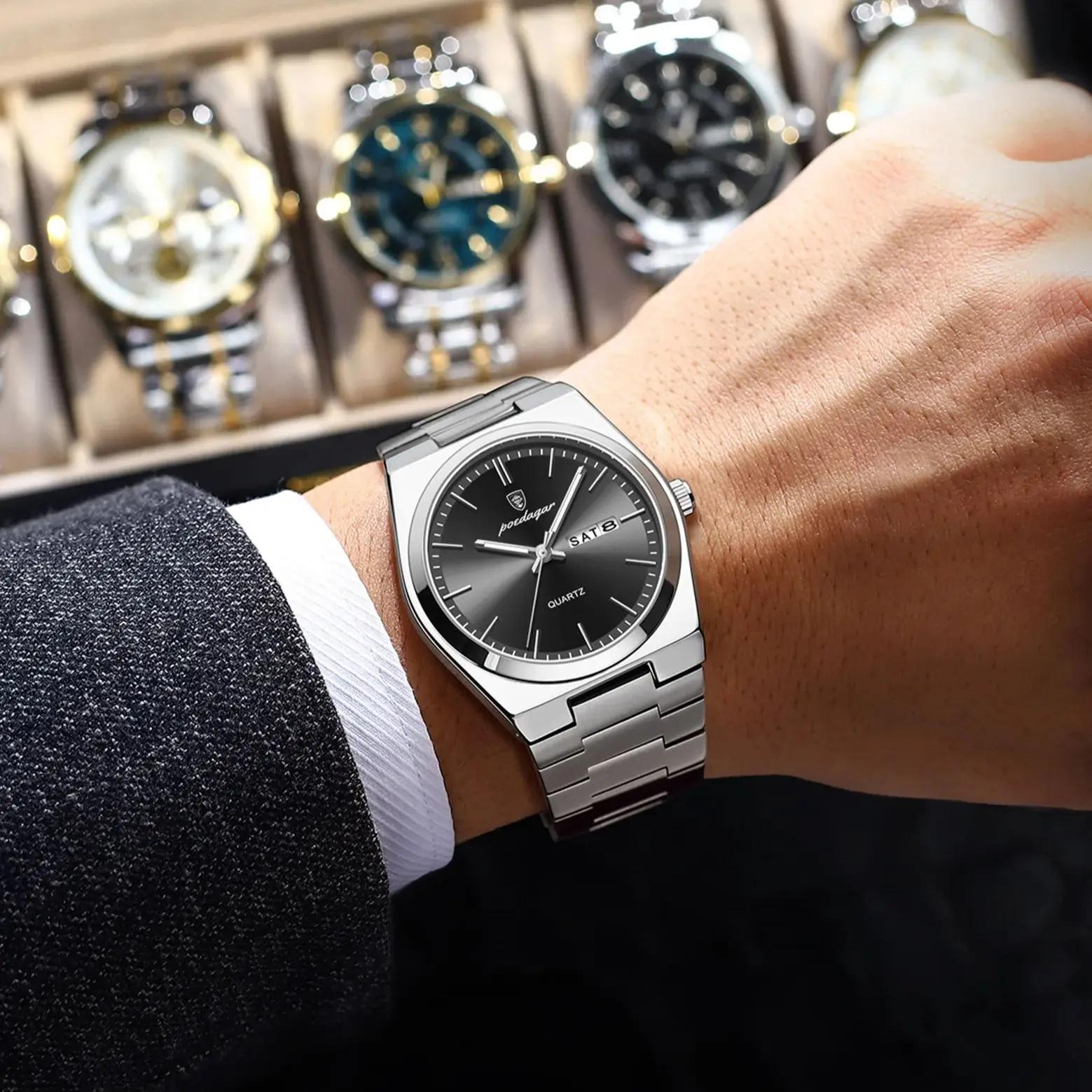 POEDAGAR montre-bracelet à Quartz pour hommes de luxe étanche lumineux Date semaine homme montre en