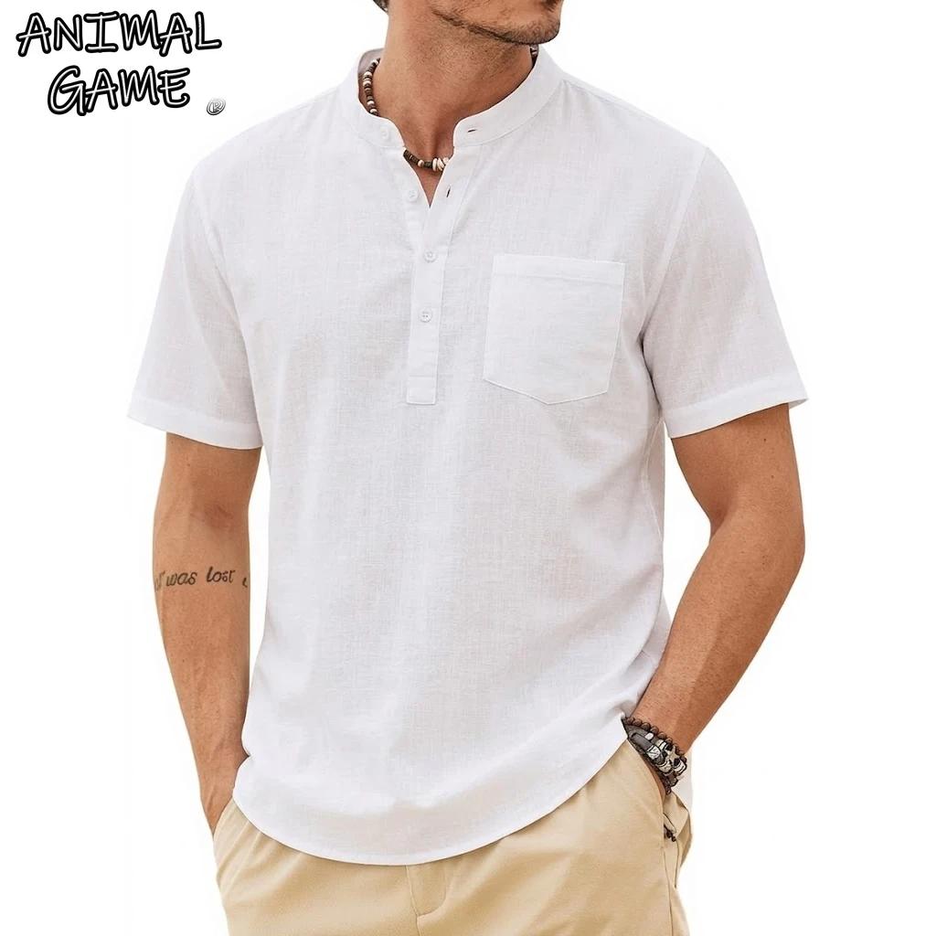 Chemise d'été décontractée pour homme à manches courtes, en lin de luxe uni, tendance, respirante, a