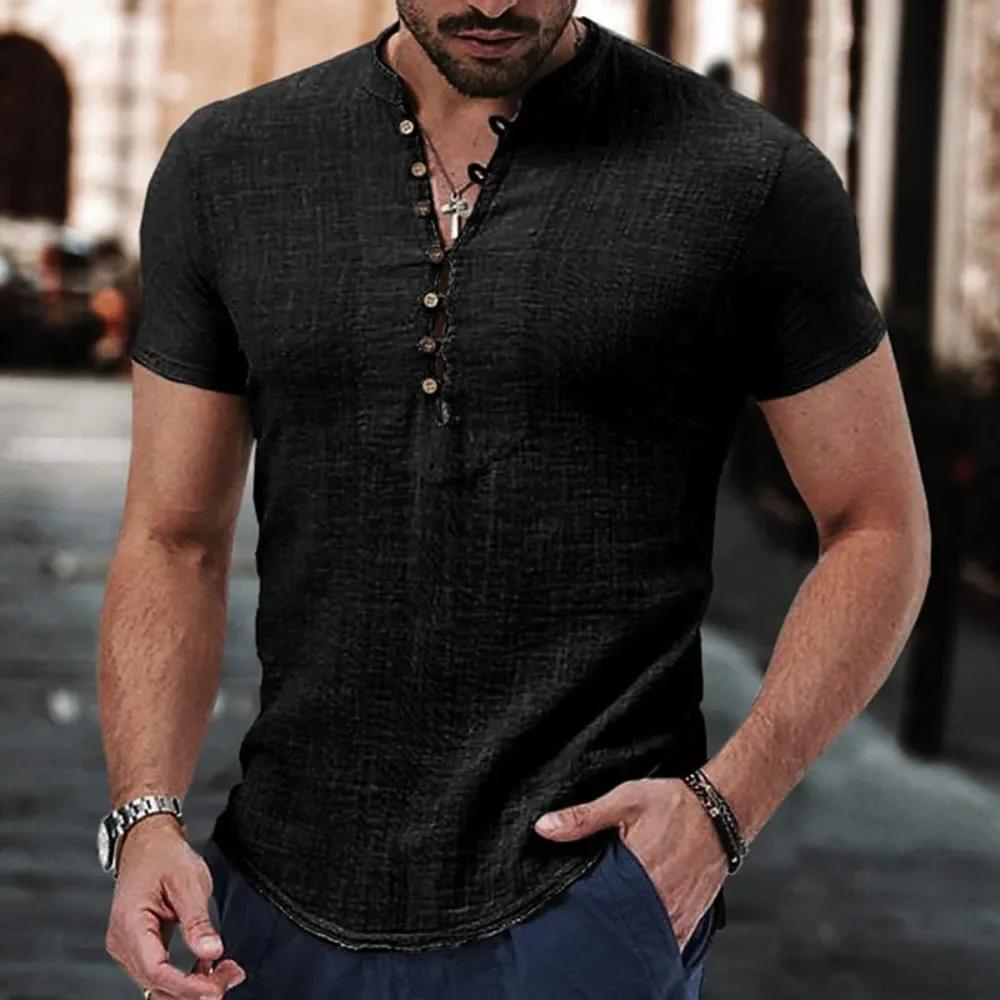 T-shirt à manches courtes pour hommes, chemise boutonnée en coton et lin, vêtements décontractés pou