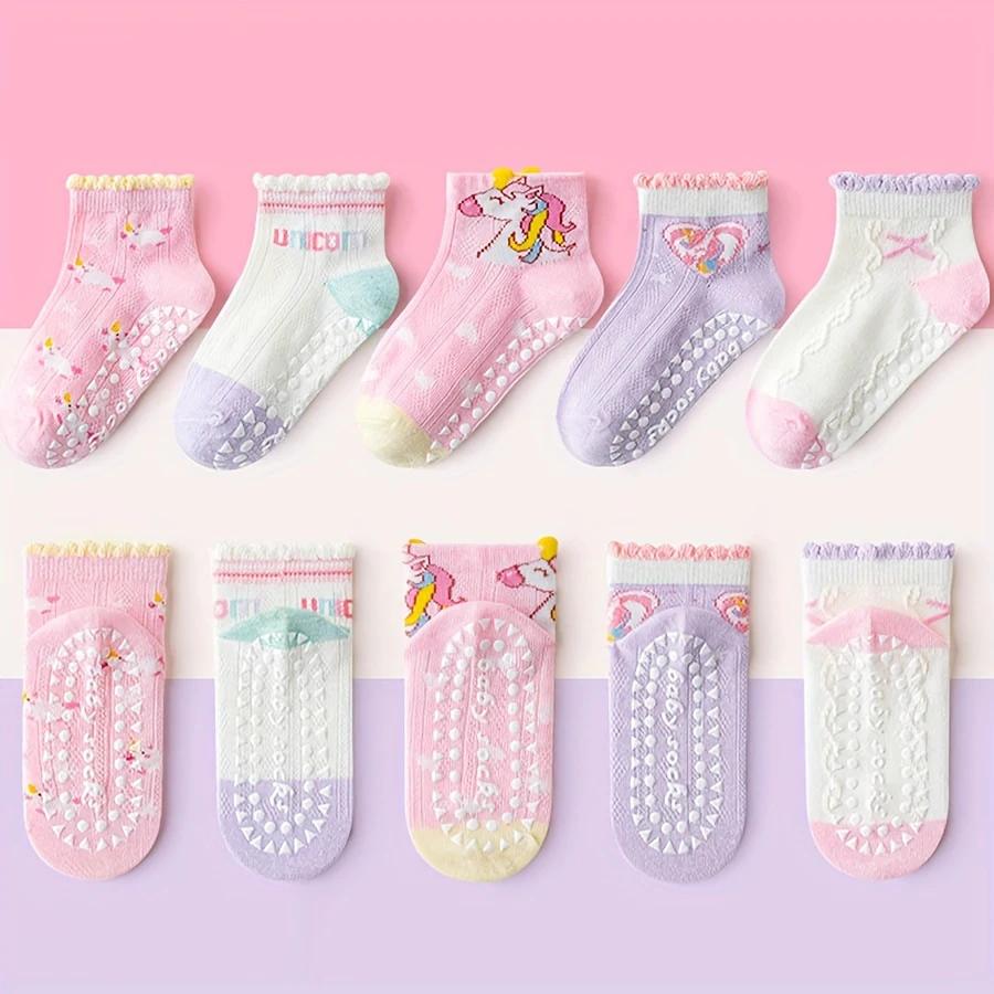 5 paires de chaussettes de sol pour enfants avec colle en dentelle, motif cœur licorne, garçons et f