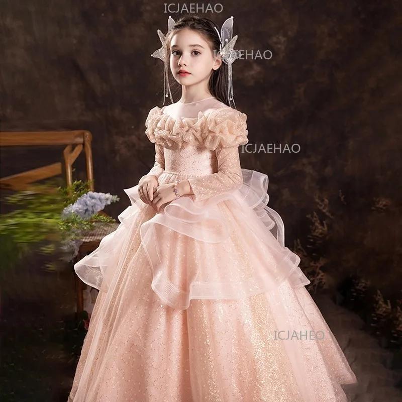 Robe de Cérémonie Fille 2026 – Robe Longue à Fleurs et Manches Longues pour Enfants, Idéale pour Hôt