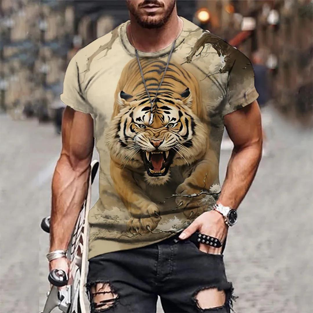 T-shirt à manches courtes et col rond pour hommes, imprimé tigre 3D, respirant, extensible, décontra