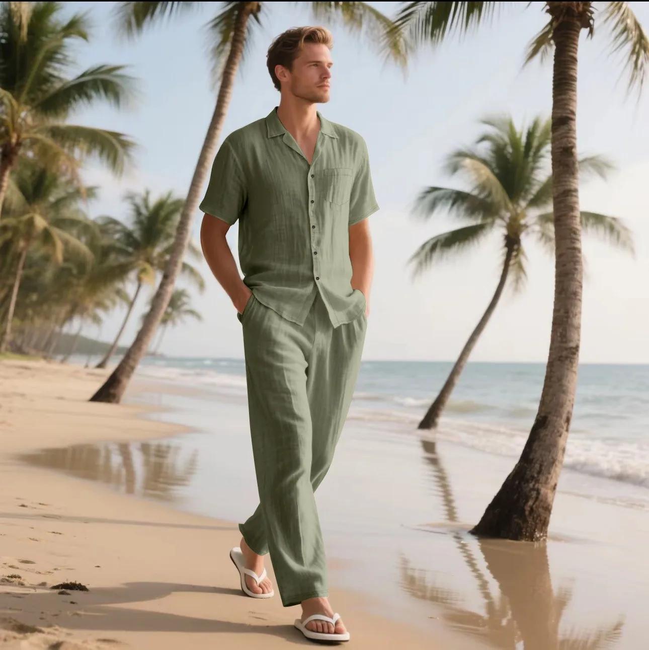 L'ensemble chemise à manches courtes en lin pour hommes Summer Beach de 2025 est un ensemble pantalo