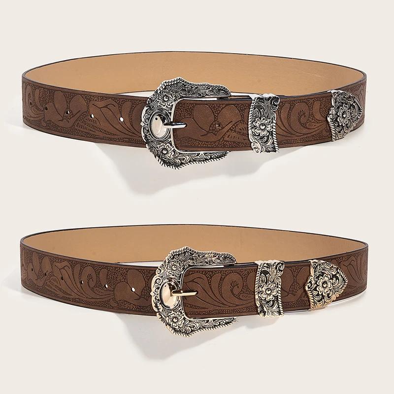 Ceinture Vintage en cuir PU marron occidental pour femme, ceinture de taille Cowgirl avec boucle en