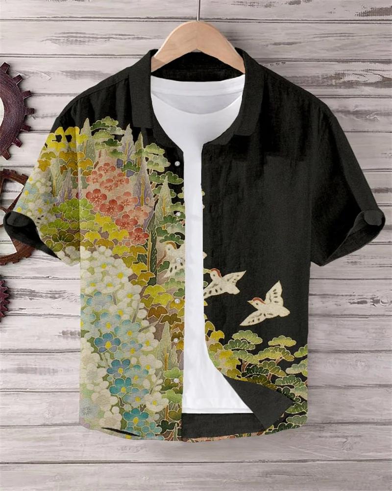 Chemise en lin-2025 été hommes revers à manches courtes T-shirt décontracté imprimé chemise élégant