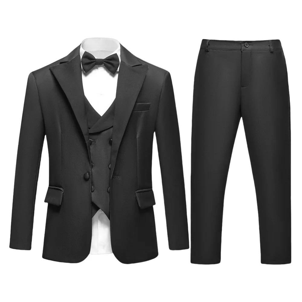Ensemble de smoking formel noir pour garçons, veste, gilet, pantalon, nœud papillon, vêtements de sp