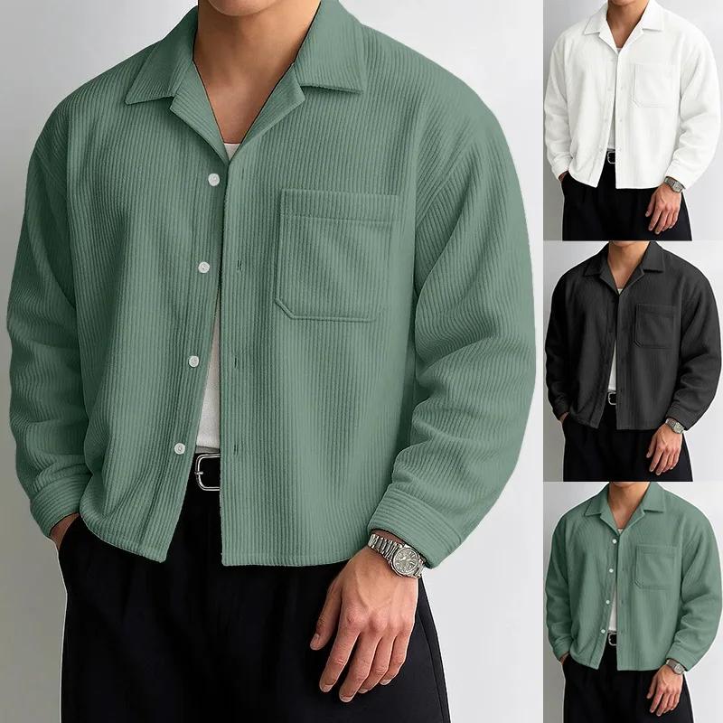 Chemises courtes en velours côtelé pour hommes, manches longues, couleur unie, col de costume, chemi