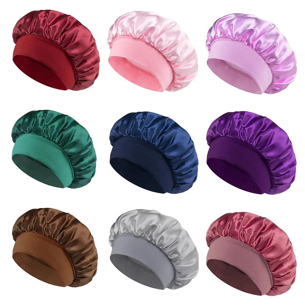 Bonnet en Satin pour femmes, pour dormir, soins capillaires, Bonnets en soie, solide, à larges bords