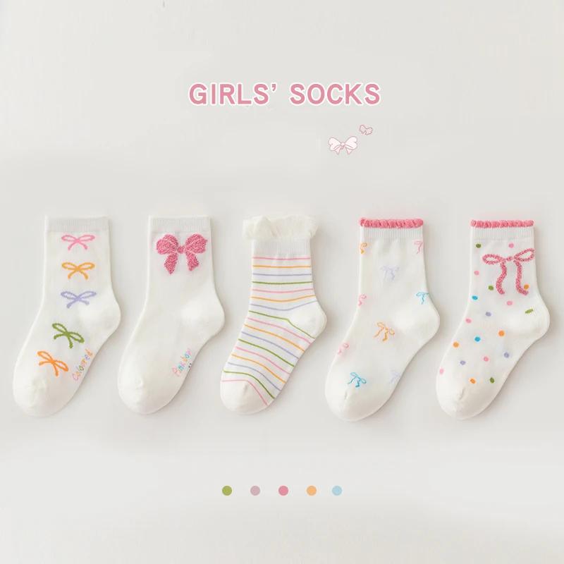 5 paires de chaussettes mi-mollet avec nœud papillon pour enfants filles, en coton peigné sélectionn