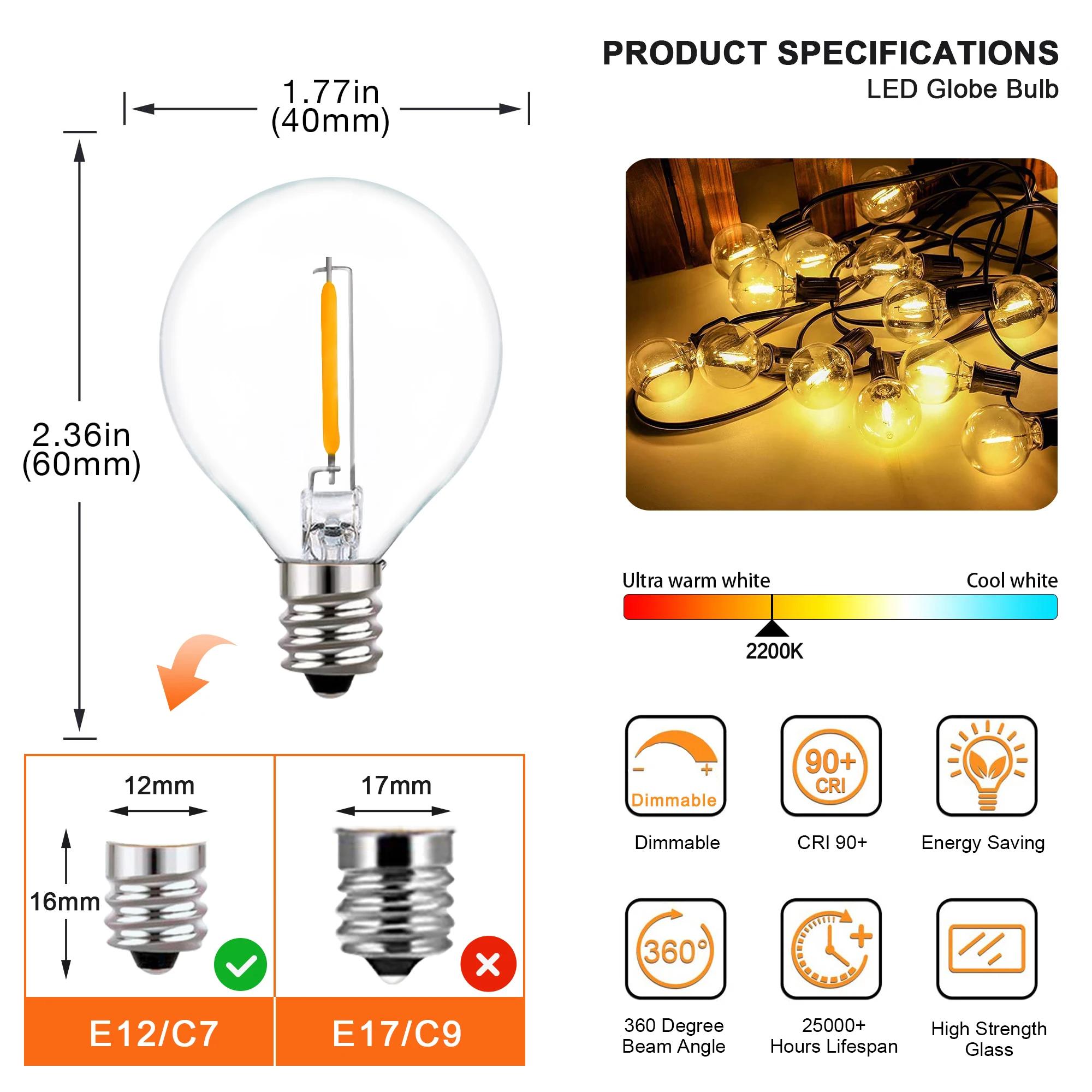 Guirlande lumineuse féerique G40 pour l'extérieur, 25 pieds, 50 pieds, ampoules en verre transparent