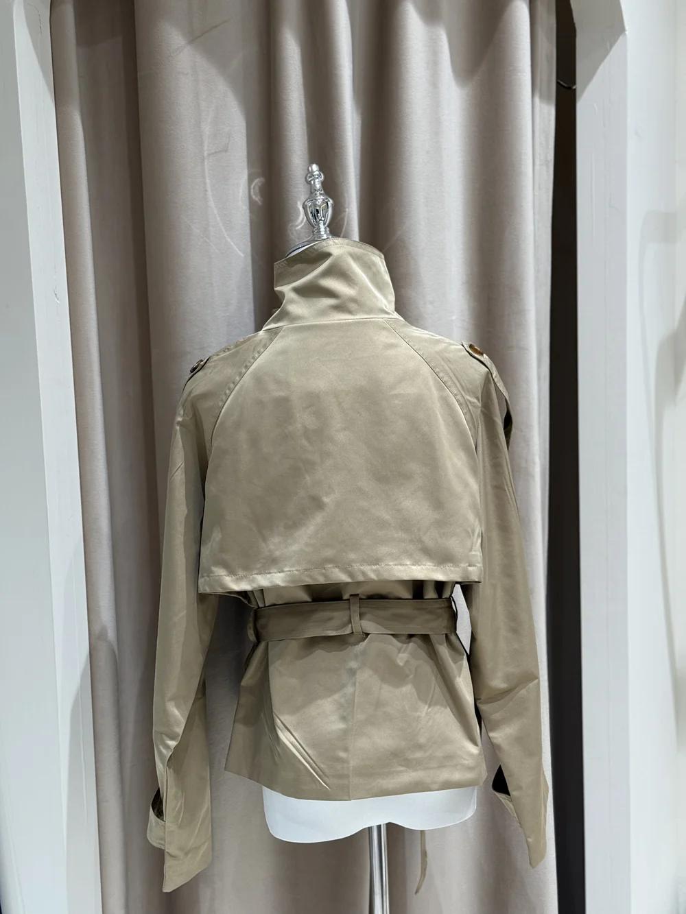 Trench court à taille ceinturée pour femme, manteaux à col montant et Double boutonnage, Chic, décon