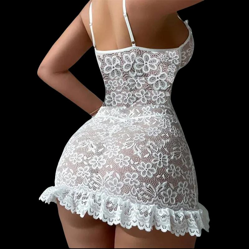 Mini robe sans manches pour femmes, dos nu, pyjama Porno, dentelle florale, vêtements de nuit érotiq