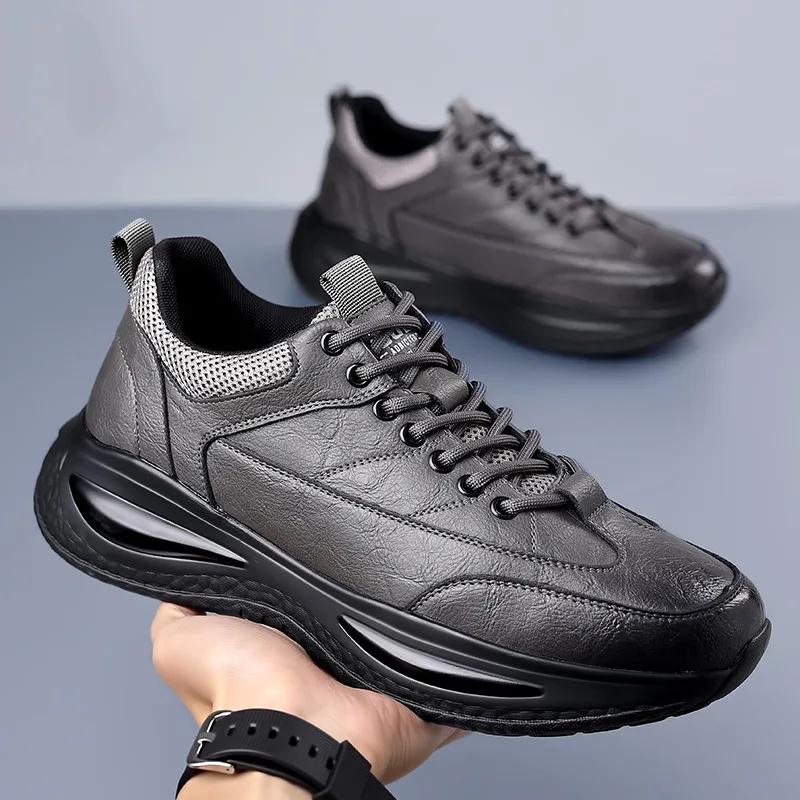 Chaussures décontractées en cuir pour hommes, baskets tendance à semelle épaisse, chaussures de marc