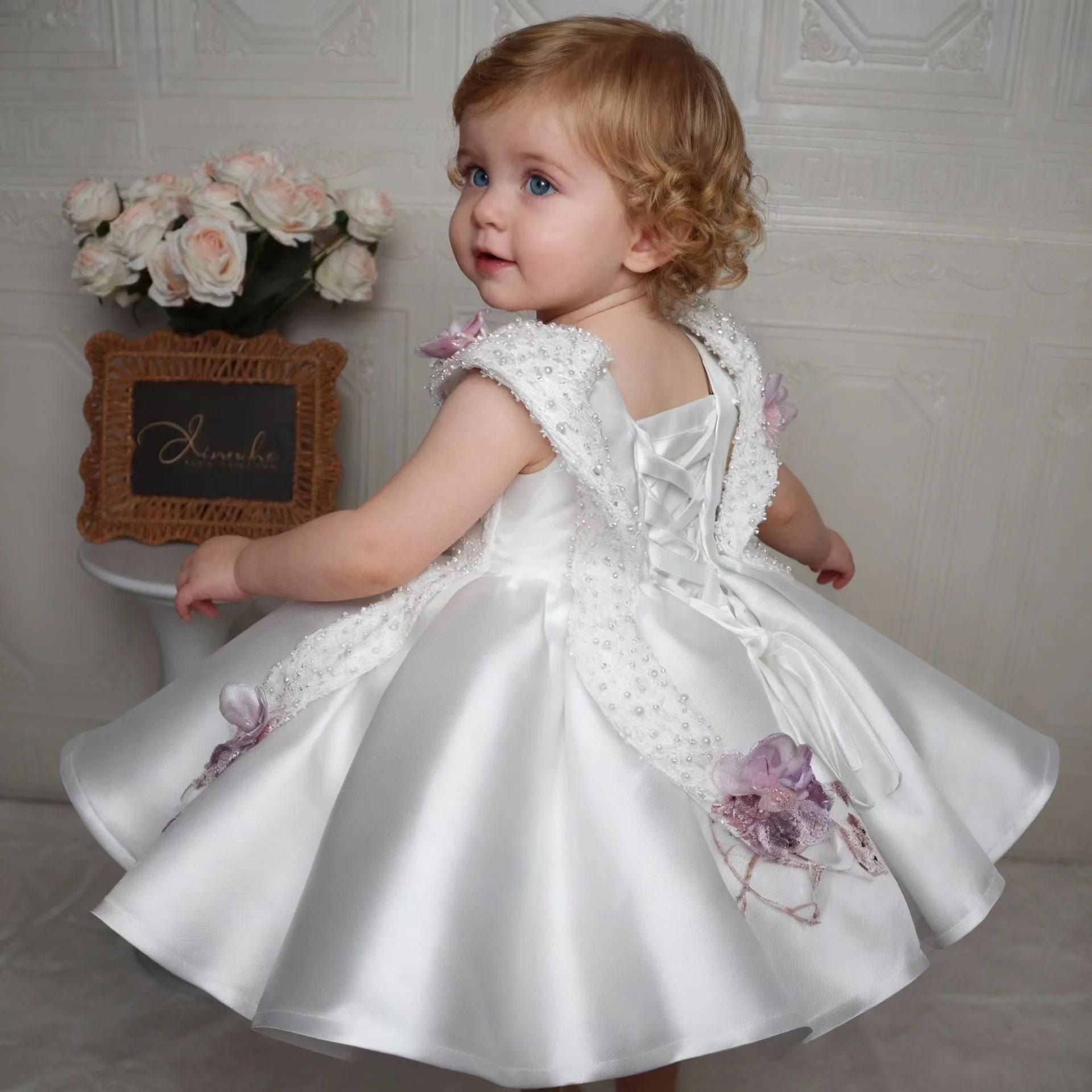 Robe princesse blanche à fleurs pour enfants, tenue Tutu brodée d'un an, sans manches, haut de gamme