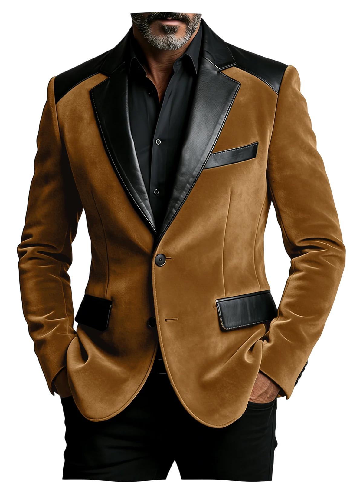 Blazer en velours camel pour homme avec patchwork en cuir, coupe ajustée, veste de smoking formelle