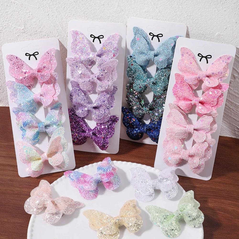 4 pièces filles mignon paillettes Double papillon pince à cheveux arc épingles à cheveux bricolage c