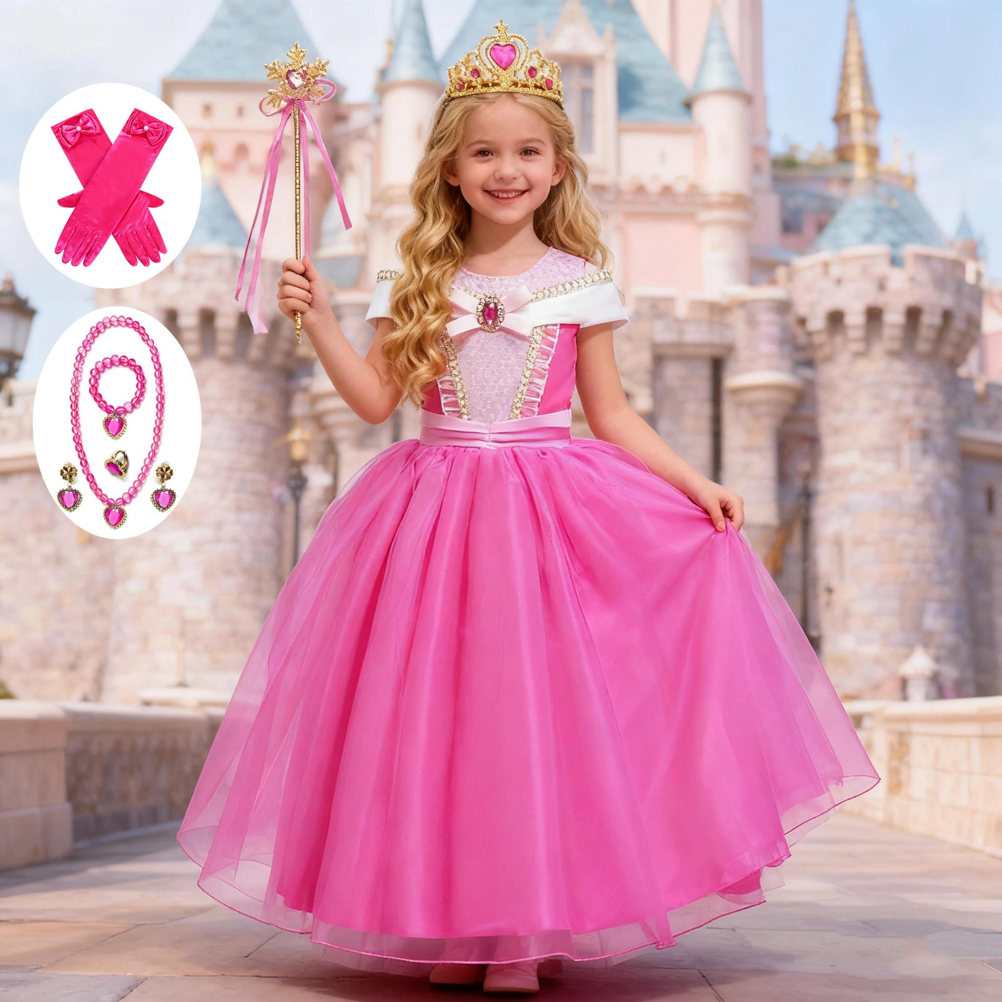 Robe rose pour filles, Costume de Cosplay aurore pour enfants, tenue de princesse de luxe, robe de b