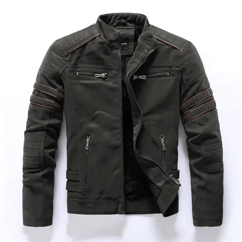 Vintage polaire veste en cuir hiver hommes marque moto PU chaud multi-poches en cuir manteau mâle fe