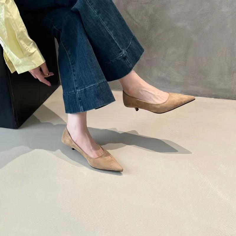 Chaussures de printemps 2026 pour femmes, escarpins fins à talons bas, élégants en daim, à bout poin