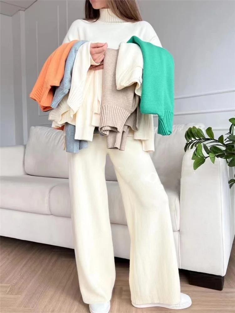 Ensemble 2 pièces pour femme, survêtement tricoté, pull à col roulé et pantalon de Jogging droit, au