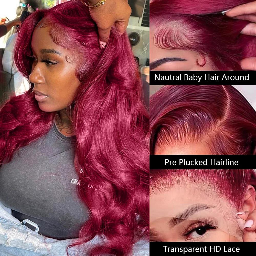 Perruque Body Wave Lace Front Wig Naturelle, Cheveux Humains, Couleur Rouge Bordeaux 99J, Transparen