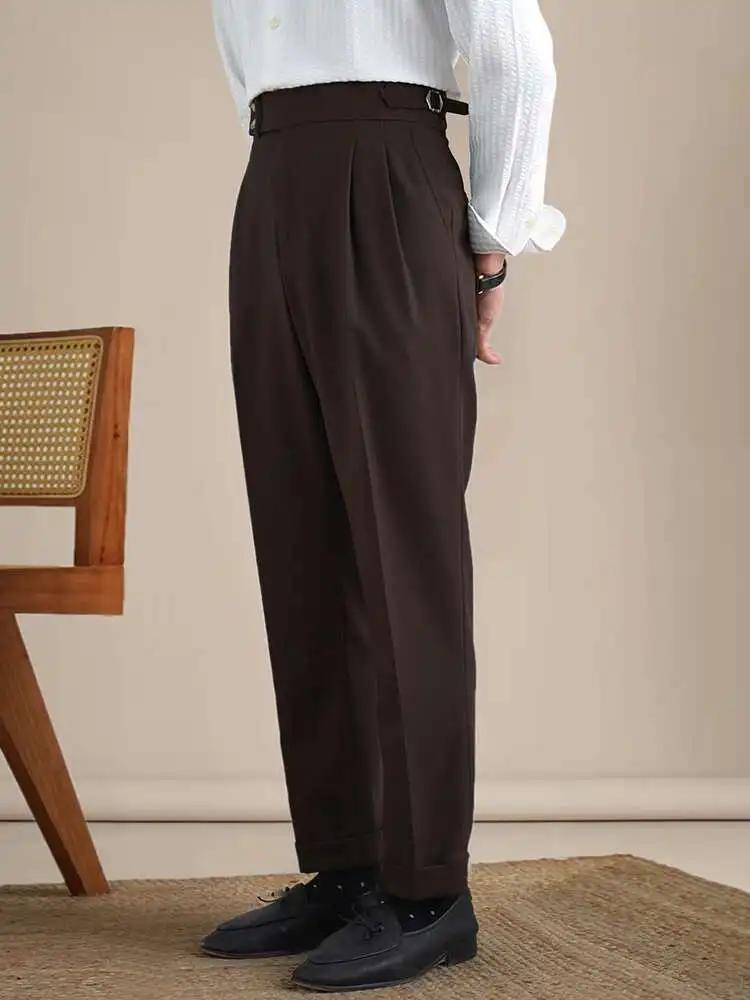 Naples-Pantalon Double en Lin Imbibé pour Homme, Taille Haute, Respirant, Jambe Droite, Bureau, FjMe