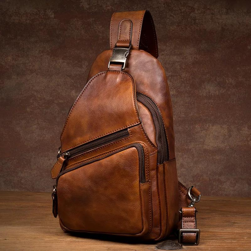 Sac de poitrine en cuir de grande capacité pour hommes, sac à bandoulière décontracté, tendance rétr