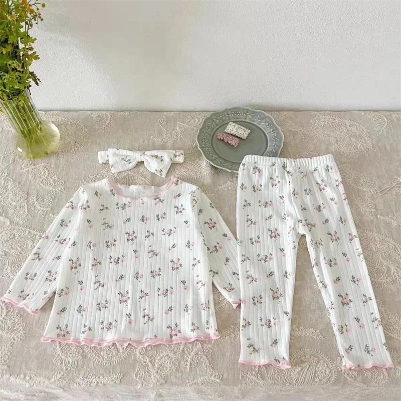  Nouveauté bébé filles imprimé fleuri coton pyjama ensemble à manches longues dentelle garniture de