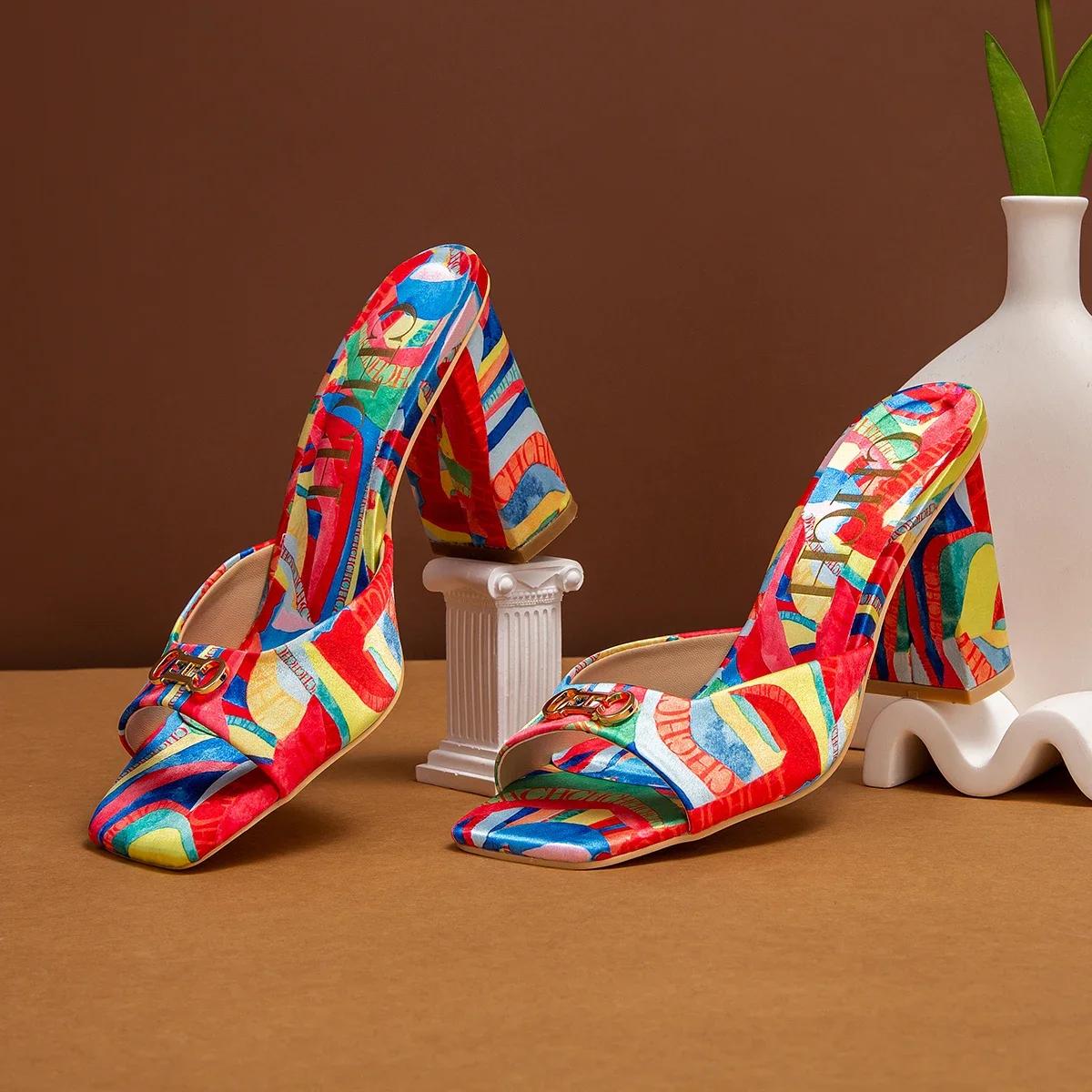 C-H femme chaussures sandales à talons épais carré bout ouvert sandales coulissantes étudiants