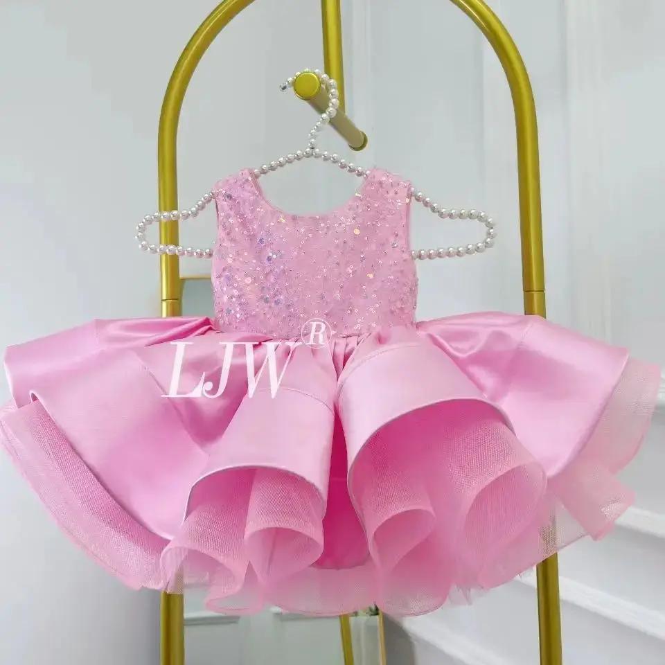 Col en v rose paillettes fleur fille robe de mariée bébé premier robe de noël élégant fête d'anniver