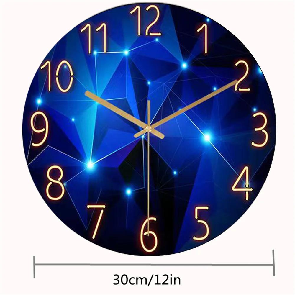 Horloge murale 12 pouces, éléments géométriques, bleu foncé, verre trempé épais, mouvement silencieu