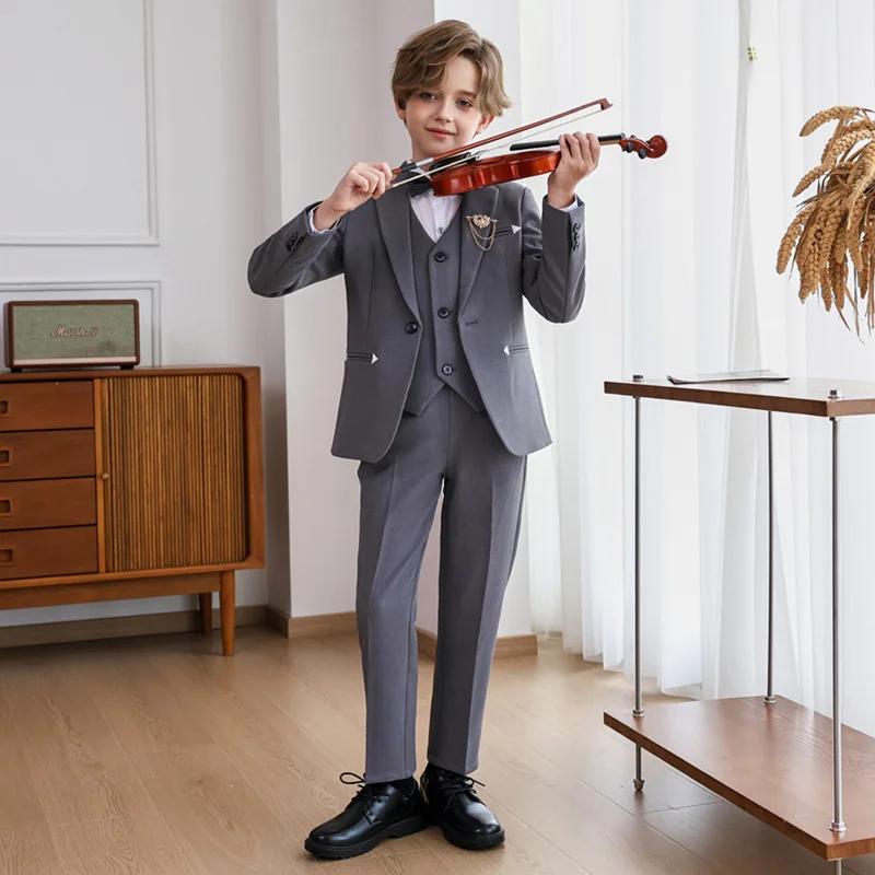 Ensemble de 5 pièces pour enfants (90-170 cm) : Veste, gilet, pantalon, nœud papillon et broche – Co