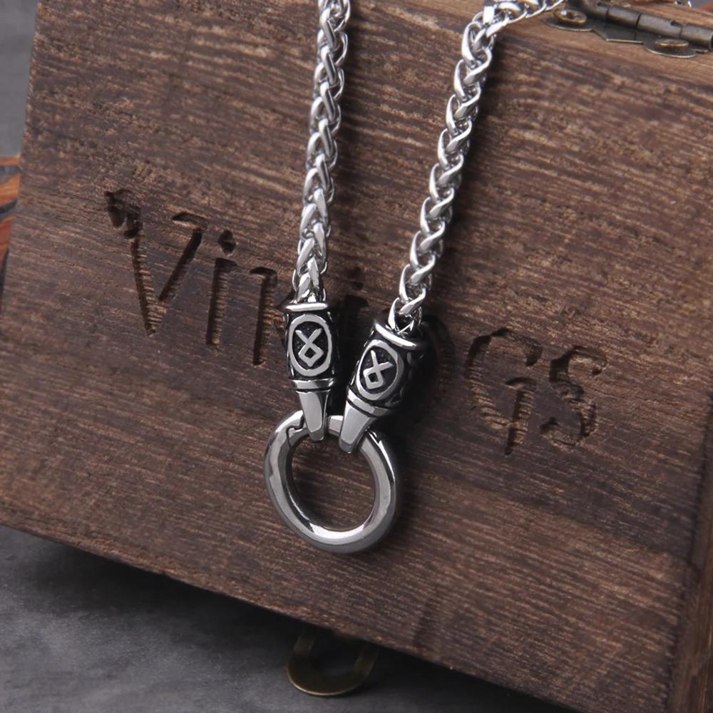 Collier pendentif rune viking nordique avec fermoir rond ouvert, chaîne en acier inoxydable avec boî