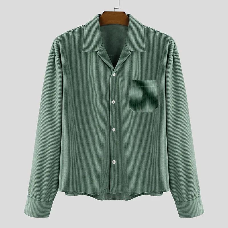 Chemises courtes en velours côtelé pour hommes, manches longues, couleur unie, col de costume, chemi