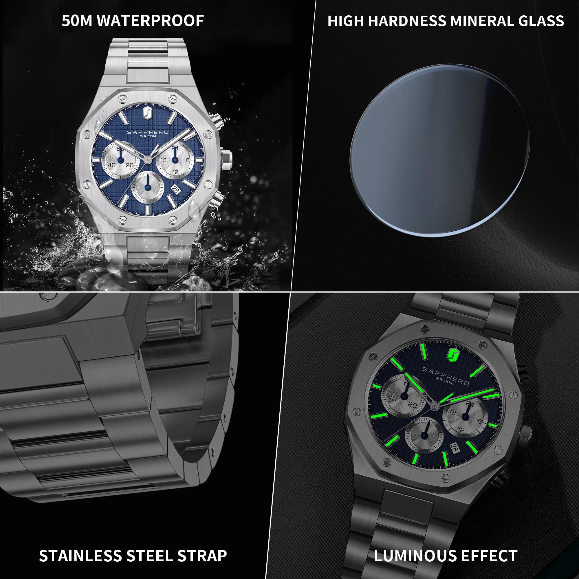 SAPPHERO montre pour hommes montre étanche fonction chronographe Date aiguilles lumineuses montre en