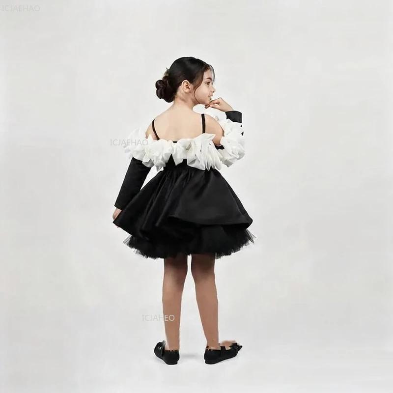 Robe bouffante à manches longues pour filles, robe de princesse noire à bretelles Spaghetti, Costume