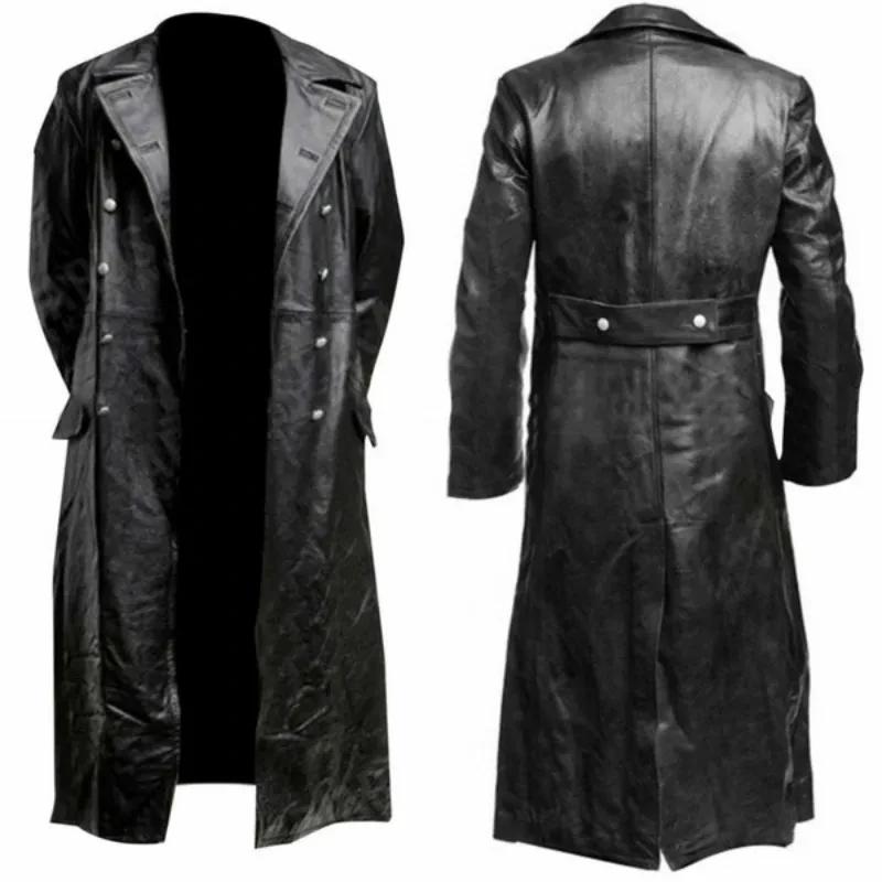 Blouson Formel Militaire Allemand en Cuir Noir, Trench Classique WW2
