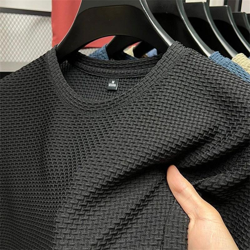 T-shirt d'été en maille et soie glacée pour hommes, manches courtes, col rond, demi-manches, fin, co