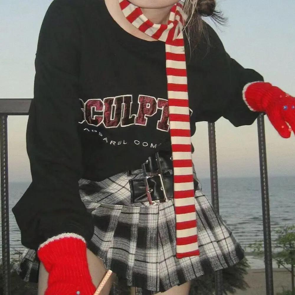 Écharpes en coton Harajuku pour femmes, longues écharpes à rayures noires et grises, mouchoir décora