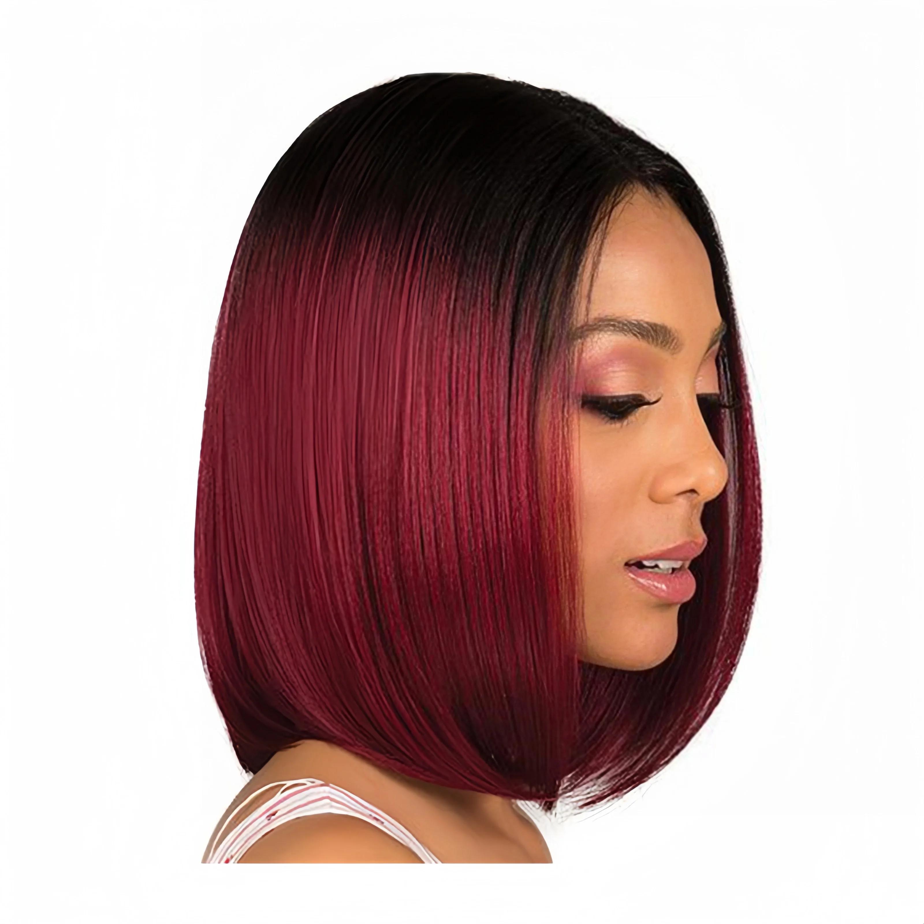 Mode européenne et américaine teint bobo perruque femme cheveux courts raides noir dégradé vin rouge
