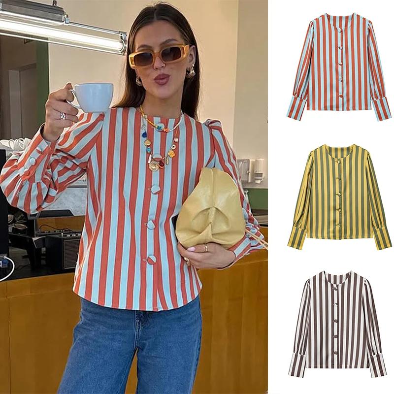 Nouvelle Blouse Chic Femme SLTNX – Chemise Ample à Rayures Imprimées, Col Rond, Manches Bouffantes,