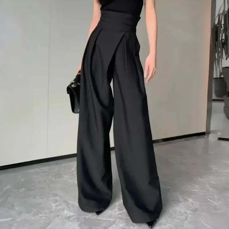 Nouveau pantalon noir pour femme, printemps-été, décontracté, taille haute, coupe large, style taill