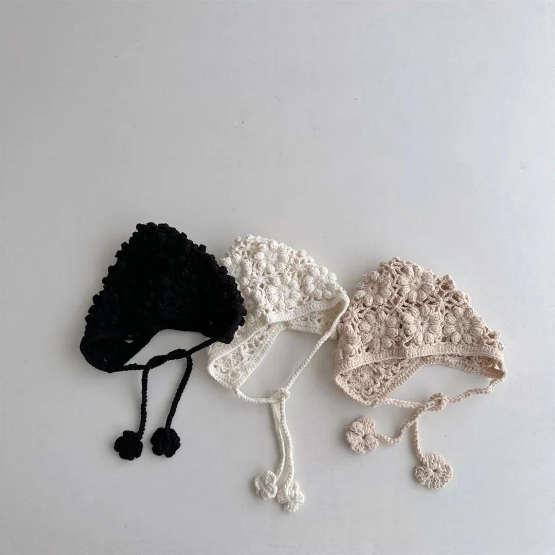 Chapeau tricoté pour bébé fille, bonnet à rabat d'oreille en Crochet fait à la main, mignon ajouré,