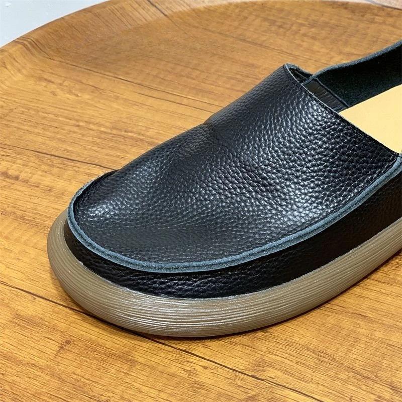 Chaussures d'été respirantes à bout large pour hommes, chaussures en cuir de vache unique, mocassins