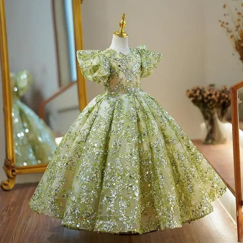 Robes de soirée pour enfants, robes de bal élégantes pour filles, manches à bulles, paillettes, robe