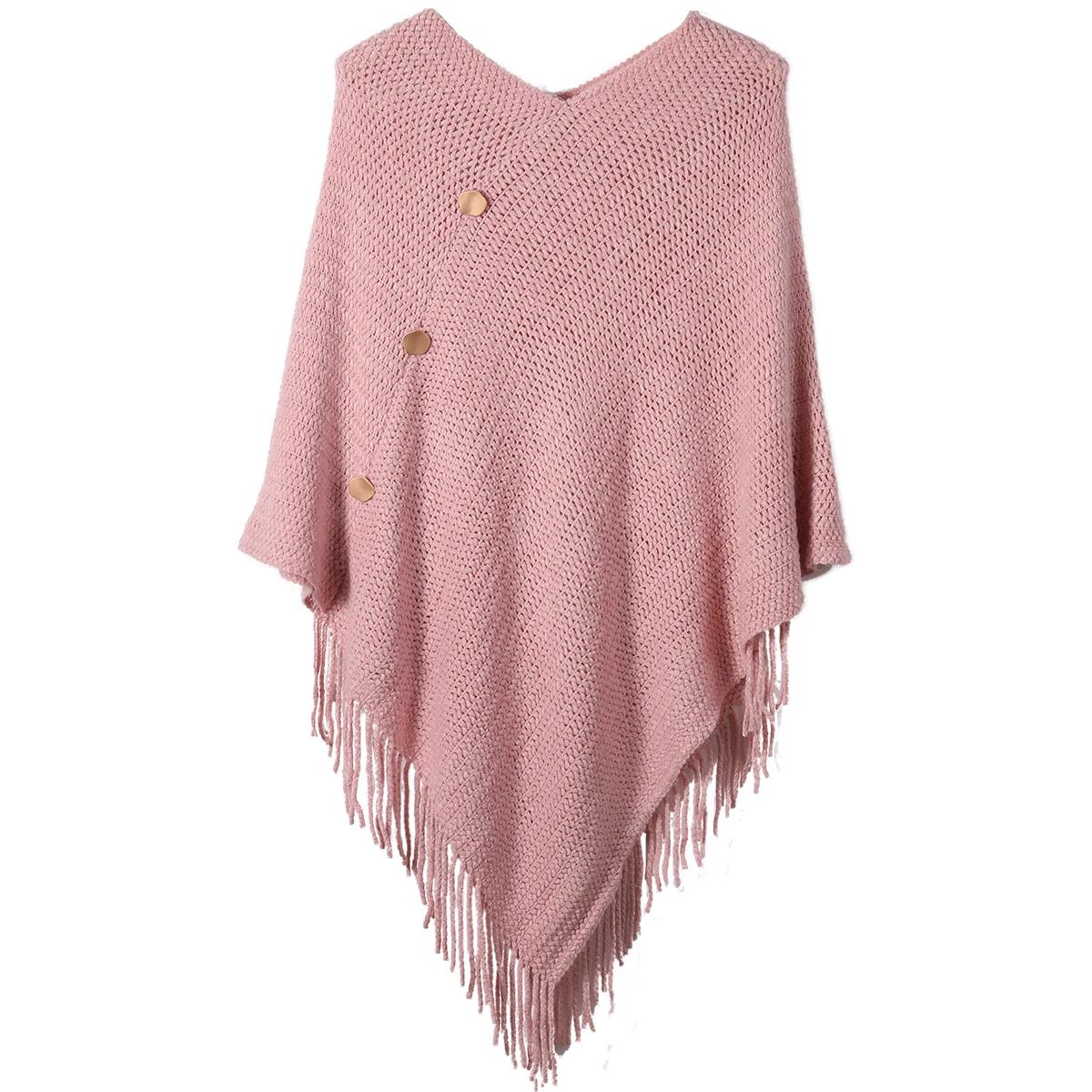 Châle à pampilles pour femmes avec faux boutons, couleur unie, adapté aux vêtements de déplacement à