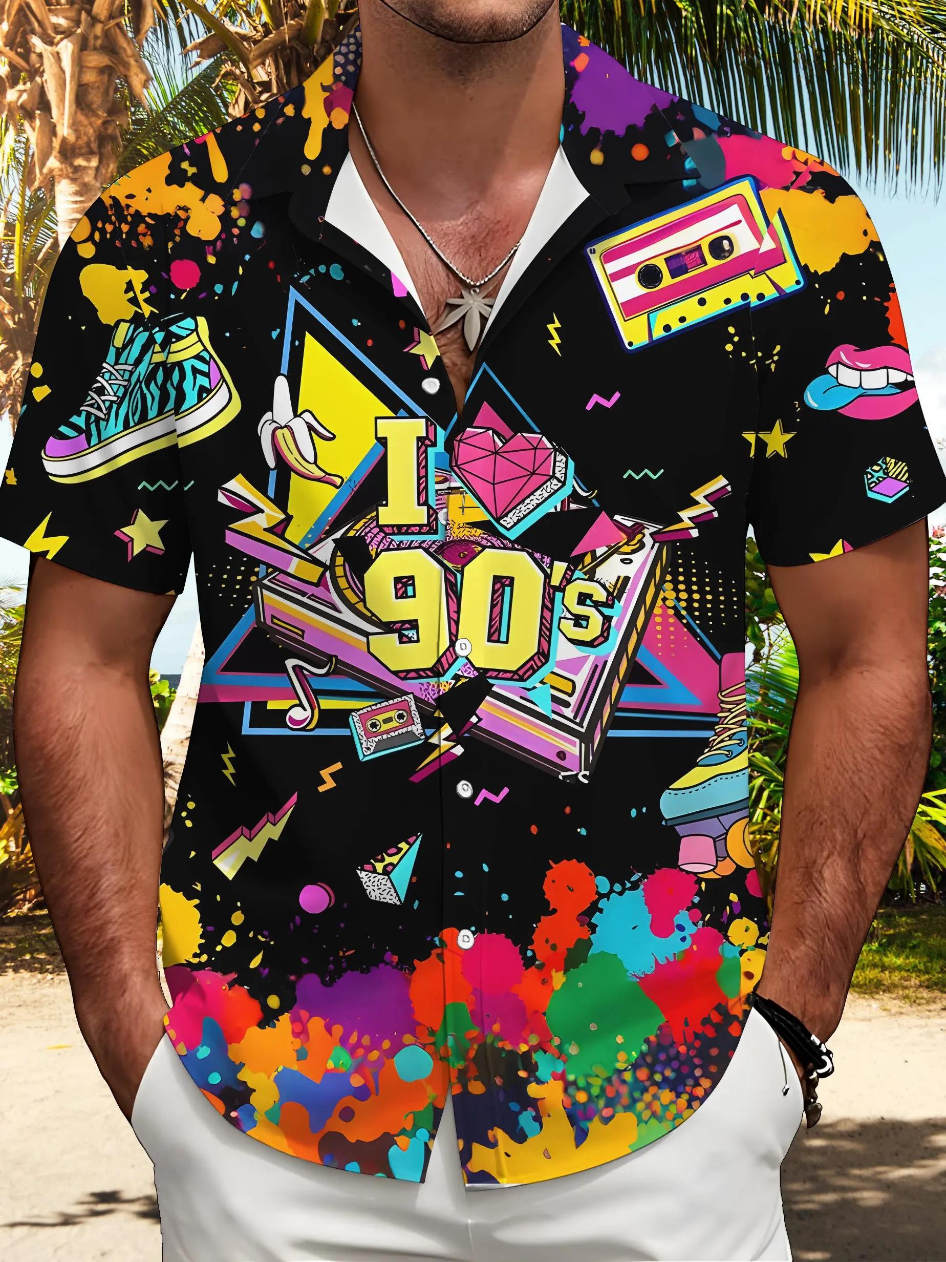 Chemise homme manches courtes 80s rétro imprimé chemise boutonnée chemise de plage d'été chemise de